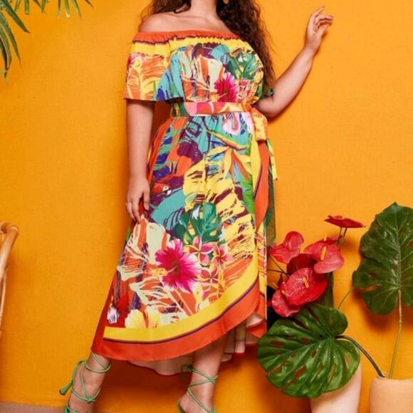 Tropical Off-Shoulder Dress Size 1X - Picture 3 of 4